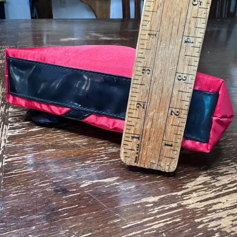 Lancome Red Satin Cosmetic Pouch With Black Accent Trim & Rose Detail